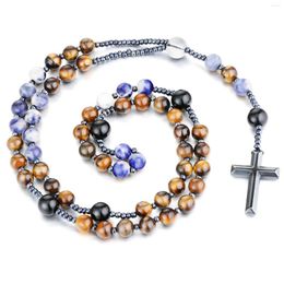 Pendant Necklaces Natural Tiger Eye Sodalite Lapis Lazuli Stone Rosary Necklace Amethyst Beads Mala Prayer Chaplet Hematite Cross Jewelry