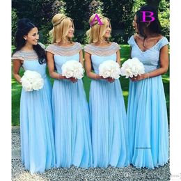 2021 Sky Blue Bridesmaid Dresses Scoop Neck Cap Sleeves Pearls Beaded Chiffon Floor Length Maid of Honor Gown Country Wedding Party Wear Dress 0509