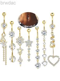 Navel Rings KUNIU 7pcs Fashion Heart Flower Zircon Long Pendant Belly Button Ring Women Body Piercing Belly Ring Set d240509