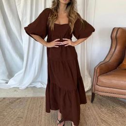 Casual Dresses Women Solid Colour Loose Bubble Sleeve Dress 2024 Summer Puff Ruffles Hem Back Lace-up Square Neck Patchwork