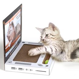 Cat Scratcher Laptop with Fluffy Mouse Interactive Toys Paw Over Social Media Kitten Toys Cat Scratch Pads 240508