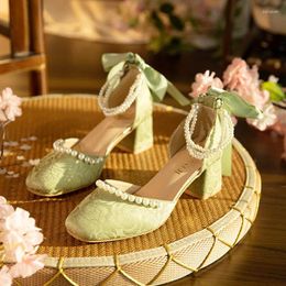 Dress Shoes Summer Mary Jane For Women Square Toe High Heels Chinese Style Vintage Embroidered Elegant Wedding Bride