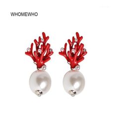 Stud WHOMEWHO Red Coral Deer Antler White Faux Pearl Christmas Earrings Fashion Xmas Gift Jewelry Holiday Party Ear Accessories18381251