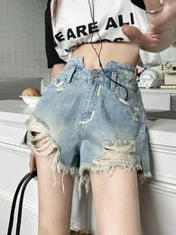 Women's Shorts Zoki Sexy High Waist Hole Denim Women Vintage Casual Sweet Jeans Korean Streetwear Retro Design All Match