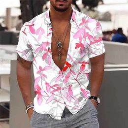 Men's Casual Shirts New Summer Mens Hawaiian Shirts Maple Leaf Print V-neck Shirts for Men Button-up Short Slve Tops Strtwear Trend Men Clothes T240507