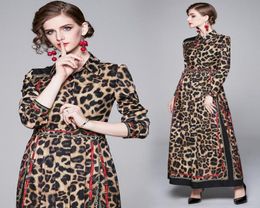 Spring Summer Fall Runway Vintage Leopard Chain Belt Print Collar Long Sleeve Empire Waist Women Ladies Casual Party Maxi Dress Wh9609904