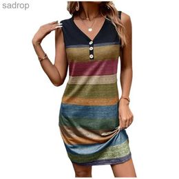 Basic Casual Dresses Womens Summer Sleeveless Dress Fashion Casual Stripe Printed Mini Dress Womens V-neck Button Party Dress 2024 Plus Size New XW