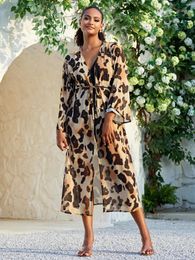 Leopard Printed Kimono Cardigan Open Front Tunic With Self Belt Bathing Suit Cover Up Sheer Beachwear Long Tops Q1562