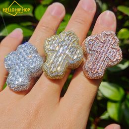 Baguette Cross Finger Ring Iced Out AAAA Zircon Iced Out Fashion Luxulry Men Hip Hop Rings Jewellery For Gift
