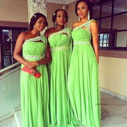 2021 New African Lime Green Chiffon Bridesmaid One Shoulder Lace Beaded Sleeveless Long Bridemaids Prom Gowns Wedding Party Dresses 0509