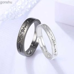Couple Rings 2Pcs Love ECG Couple Open Ring Female Lover Black Silver Engagement Wedding Valentines Day Gift WX