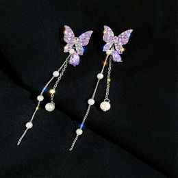 Dangle Chandelier New Crystal Purple Butterfly Tassel Earrings Womens Fashion Temperament Long Stud Earrings Wedding Jewellery Birthday Gifts