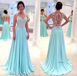 New Blue Sexy Back Design Prom Dresses Sweetheart Cap Sleeves Chiffon A-line Long Evening Gowns with Lace Appliques 0509