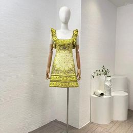 Casual Dresses Women Top Quality 2024 Spring Summer Holiday Style Linen Silk Yellow Paisley Printing Frill Ruffle Mini