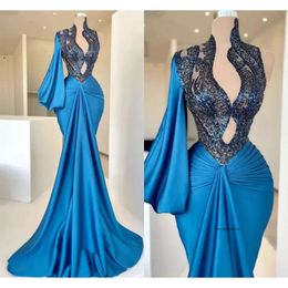 Blue Mermaid Prom Sexy Deep V-Neck Long Sleeves Evening Gown Bridesmaid Formal Dresses Custom Made 0509