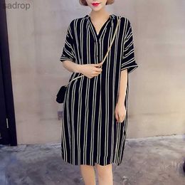 Basic Casual Dresses Plus size loose 5XL striped dress womens V-neck 2024 fashionable short sleeved printed striped dress beach cotton womens tank top XW