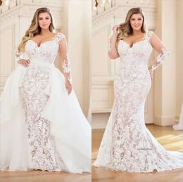 Stunning Plus Size Mermaid Lace Wedding Dresses With Detachable Train Long Sleeves Bridal Gowns Sweetheart Neck Trumpet Vestidos De Novia 0509