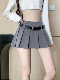 Skirts High Waist Suit Fabric Women Short Pleated Skirt With Belt 2024 Summer Casual Sexy Sweet Jk Mini Girls