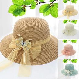 Wide Brim Hats Fashion Women Summer Breathable Sun Hat Bucket Cap Lace Bowknot Ribbon Butterfly Decor Straw Portable Beach UV Protection