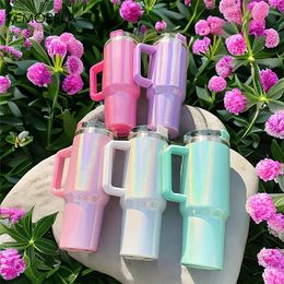 40Oz Stainless Steel thermos cup With Handle Lid and Straw Insulated Rainbow Paint Travel Mug For And Cold Beverages Outdoor 240508