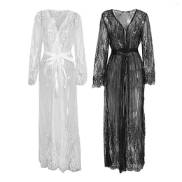 Women Bikini Cover Ups Sheer Lace Long Sleeves Beach Kimono Robes Cardigans With Belt For Swimsuit Bathing Suit