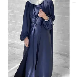 Ethnic Clothing Satin Kaftan Abaya Kimono Turkey Islam Arabic 2 Pieces Sets Muslim Robe Dubai Abayas Women Hijab Dress Eid Ramadan Outfit