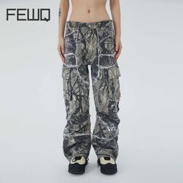 FEWQ Mens Jeans High Street American Fashion Raw Edge Multi Pocket Straight Tube Wide Leg Loose Male Trousers Autumn 24X1640 240429