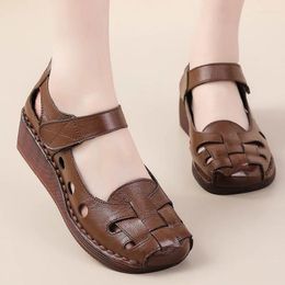 Dress Shoes Genuine Leather Sandals For Womens Summer Holes Breathable Lady Mom Wedge Gladiator Female Oxford Platform