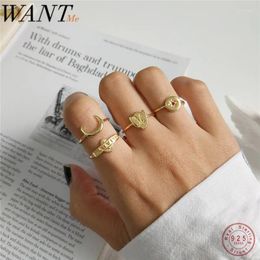 Cluster Rings WANTME Real 925 Sterling Silver Personality Resizable Moon Star Shield Baby Initial Letter Ring For Women Statement Jewellery