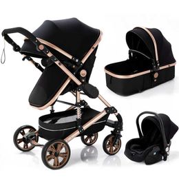 Strollers# Luxurious Baby Stroller 3 in 1 Portable Travel Baby Carriage Folding Prams Aluminium Frame High Landscape Car for Newborn Baby T240509