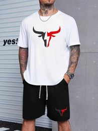 Men's Tracksuits 100% pure cotton mens summer short T-shirt+shorts set Y240508