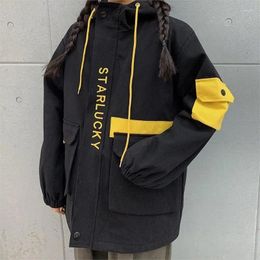 Women's Jackets Letter Print Hit Color Boyfriend Style 2024 Harajuku Winter Korean Cargo Jacket Women Men Vintage Casual Hooded Coats