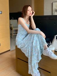 Casual Dresses Women's Blue Floral Camisole Dress Vacation Style Summer Collection Waist Slimming Ruffle Edge Beach Long Skirt