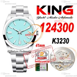 124300 K3230 Automatic Mens Watch KING 41mm Polished Bezel Turquoise Blue Stick Dial 904L Steel Case Bracelet Super Edition Same Serial Card Reloj Hombre Puretime