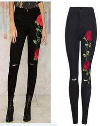 Black Floral Jeans Women Fashion Rose Embroidery Design High Waist Slim Skinny Jean Knee Holes Design Trousers3641436