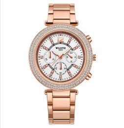 Stainless Steel Strap Lignt Luxury Elegant Womens Watches Perfect Moment Full Diamond Round Dial Quartz Rose Gold Wrist Watch WLIS1886655