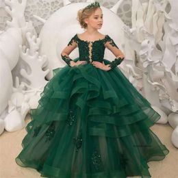 Dark Green Lace Flower Girl Dresses Long Sleeves Beaded Ball Gown Sheer Neck Tulle Lilttle Kids Birthday Pageant Weddding Gowns 0509