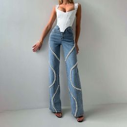 Design Sense Surround Rhinestone Jeans for Womens Spring 2024 Novo nicho de nicho solto perna reta Casual calça casual versátil