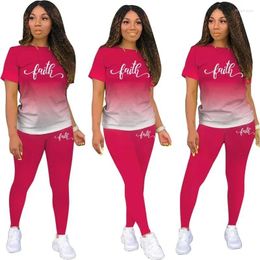 Women's Two Piece Pants Summer Casual Gradient T-Shirt 2 Sets Fitness Fashion Ladies Faith Printed Sportswear Female Tracksuit