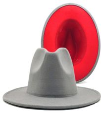 Grey red Patchwork Wool Felt Jazz Fedora Hat Women Unisex Wide Brim Panama Party Trilby Cowboy Cap Men Gentleman Wedding Hat XL CX7590428