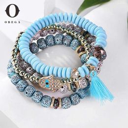 Charm Bracelets Obega 4PCS Set Handmake Beaded Elastic Bracelet Tassel Gold Colour Beads Turquoise Option Acrylic