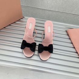 New Single Shoes Women's Flash Diamond Bow Middle Open Toe Sandals Spring/Summer Pointed Cat Heel Back Air Slippers