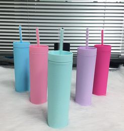 6 Colours 16oz Creative Acrylic Skinny Tumblers With Lid Straws Colourful Plastic Tumbler Double Wall Reusable Matte Milk Water Cup 3559170