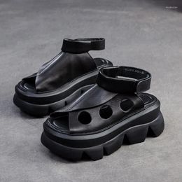 Sandals Birkuir Retro Hollow Out Women Genuine Leather 6.5cm Thick Heel Weave High Top Shoes Luxury Zip Platform