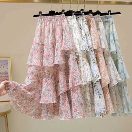 Skirts Home>Product Display>Flower Leather Womens New Summer 2022 Summer Sweet Ruffle A-line Chiffon Long Skirt Womens Korean ClothingL2405