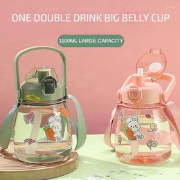 Water Bottles Large Capacity Cute Bottle With Straw & Lid Adjustable Shoulder Straps Anti Slip Sealed Children Cup Gift Stickers