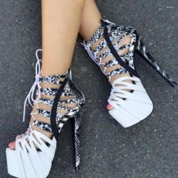 Sandals 2024 Women Platform Sexy Snakeskin Stiletto High Heels Peep Toe White Apricot Shoes US Plus Size 5-15