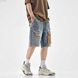 Denim shorts for men in the summer of 2024 new trendy brand loose five part middle pants new American style tattered hole patch pockets