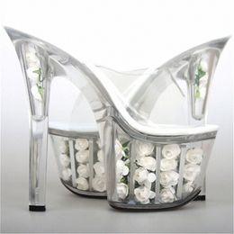 20cm New transparent crystal flower elegant high-heeled slippers super high-heeled pole dance high-heeled shoes