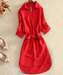 Shirts Women 2020 Summer Casual Dress Fashion Office Lady Solid Red Chiffon Dresses For Women Sashes Tunic Ladies Vestidos Femme3358813